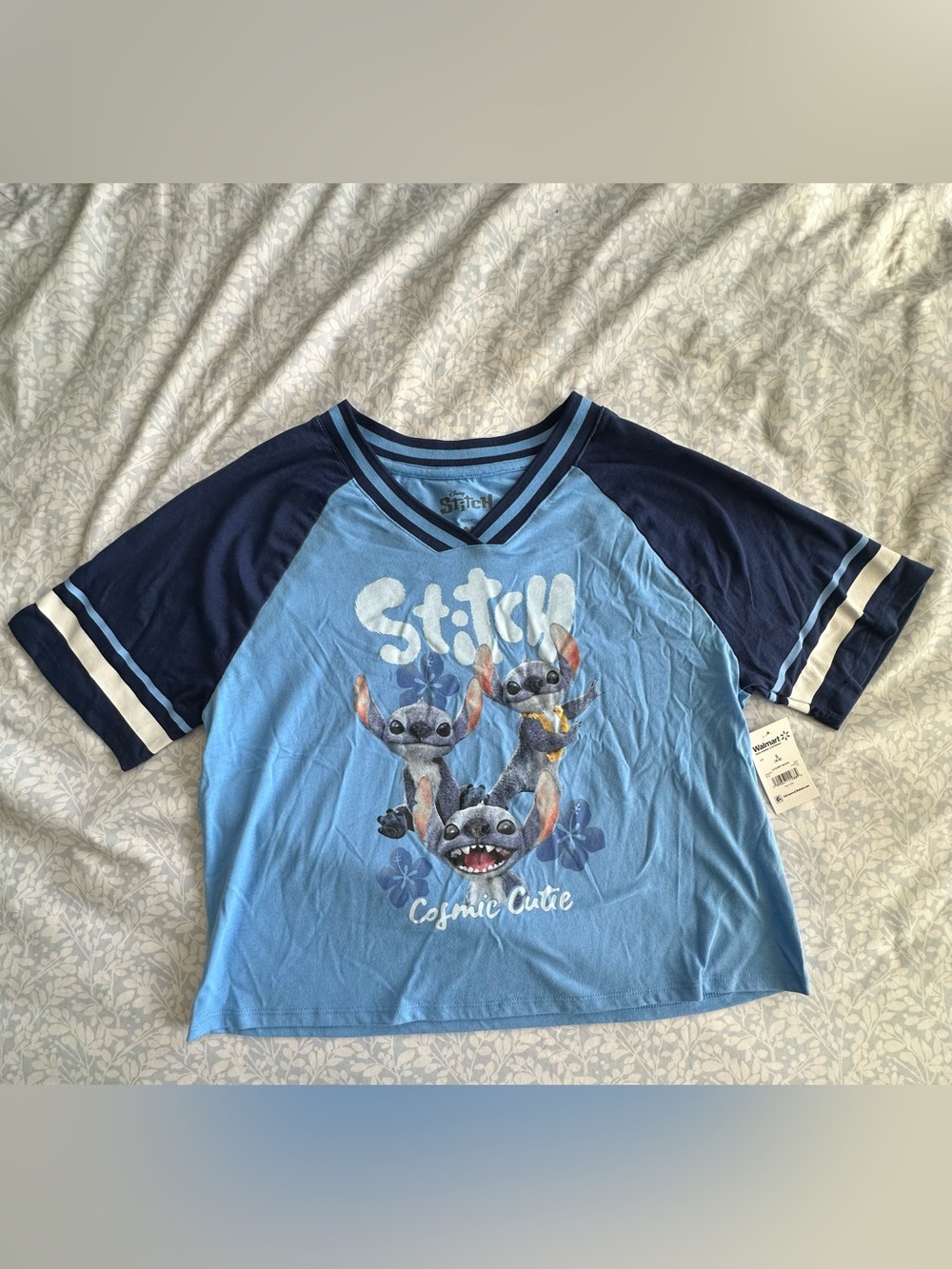 Disney Stitch Light Blue and Navy Crop top tee